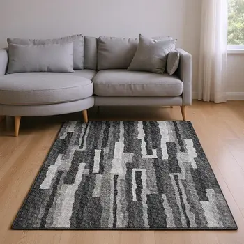 9' X 12' Graphite And Ivory Abstract Washable Area Rug With UV Protection