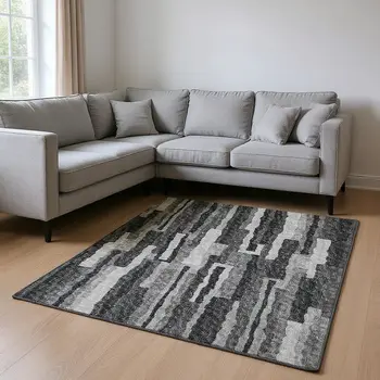 10' X 14' Graphite And Ivory Abstract Washable Area Rug With UV Protection