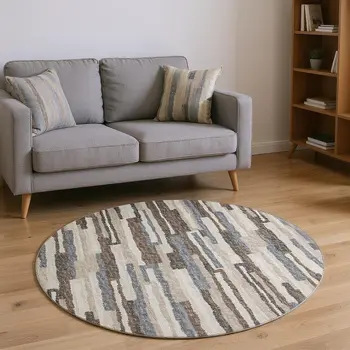8' Brown Ivory And Gray Abstract Washable Round Rug With UV Protection