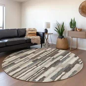 8' Brown Ivory And Gray Abstract Washable Round Rug With UV Protection
