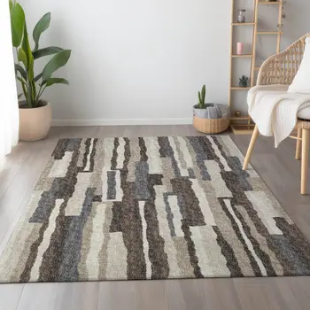 9' X 12' Brown Ivory And Gray Abstract Washable Area Rug With UV Protection