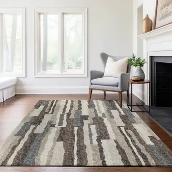 10' X 14' Brown Ivory And Gray Abstract Washable Area Rug With UV Protection