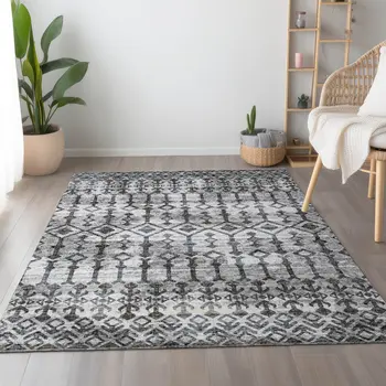 3' X 5' Ash Gray And Ivory Tribal Washable Area Rug With UV Protection