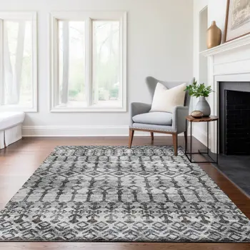 3' X 5' Ash Gray And Ivory Tribal Washable Area Rug With UV Protection