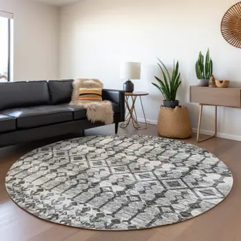 8' Ash Gray And Ivory Tribal Washable Round Rug With UV Protection