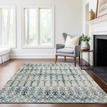 3' X 5' Ivory And Blue Tribal Washable Area Rug With UV Protection