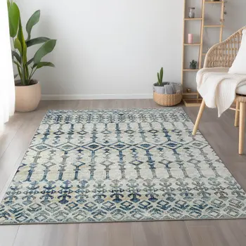 5' X 8' Ivory And Blue Tribal Washable Area Rug With UV Protection