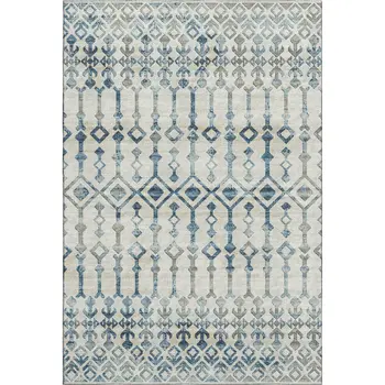 5' X 8' Ivory And Blue Tribal Washable Area Rug With UV Protection