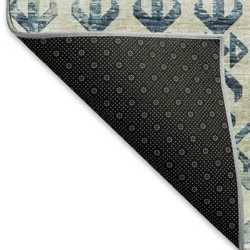 5' X 8' Ivory And Blue Tribal Washable Area Rug With UV Protection