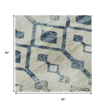 5' X 8' Ivory And Blue Tribal Washable Area Rug With UV Protection
