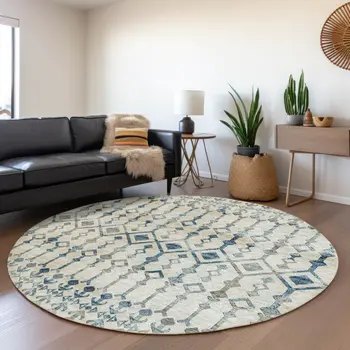 8' Ivory And Blue Tribal Washable Round Rug With UV Protection