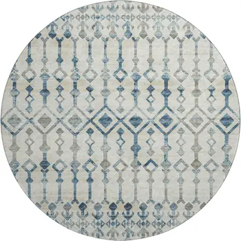 8' Ivory And Blue Tribal Washable Round Rug With UV Protection