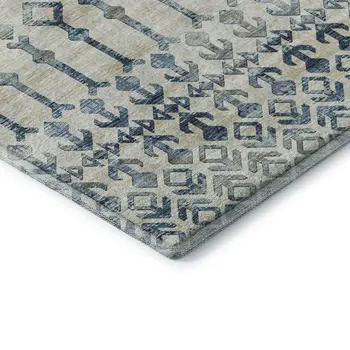 8' Ivory And Blue Tribal Washable Round Rug With UV Protection
