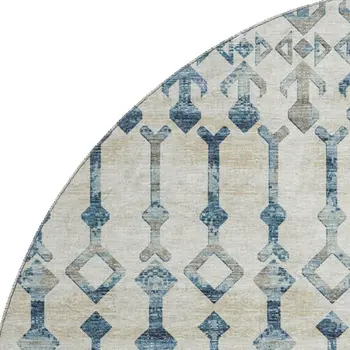 8' Ivory And Blue Tribal Washable Round Rug With UV Protection