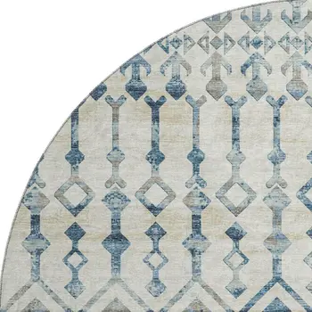 8' Ivory And Blue Tribal Washable Round Rug With UV Protection