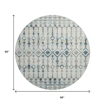 8' Ivory And Blue Tribal Washable Round Rug With UV Protection