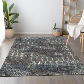 3' X 5' Burnished Brown And Blue Tribal Washable Area Rug With UV Protection