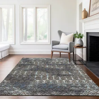 5' X 8' Burnished Brown And Blue Tribal Washable Area Rug With UV Protection