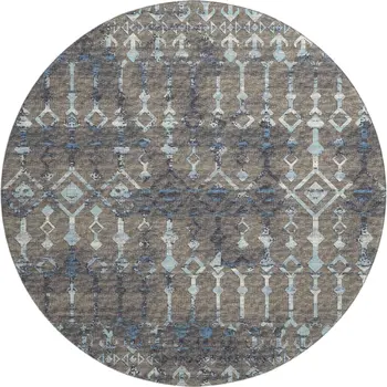 8' Burnished Brown And Blue Tribal Washable Round Rug With UV Protection