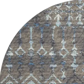8' Burnished Brown And Blue Tribal Washable Round Rug With UV Protection
