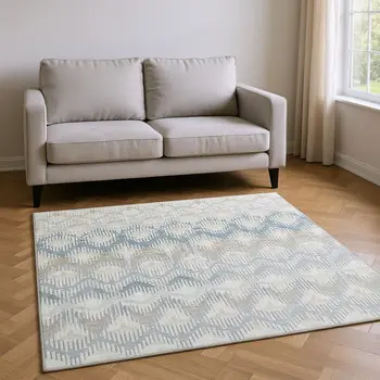 5' X 8' Linen And Ivory Abstract Washable Area Rug With UV Protection