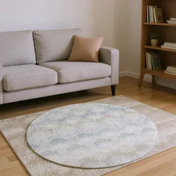 8' Linen And Ivory Abstract Washable Round Rug With UV Protection
