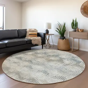 8' Linen And Ivory Abstract Washable Round Rug With UV Protection