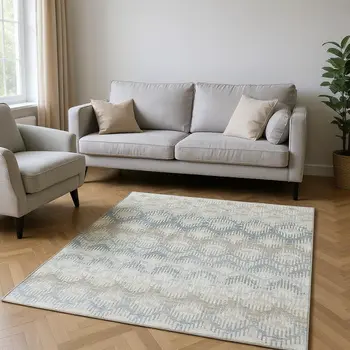 8' X 10' Linen And Ivory Abstract Washable Area Rug With UV Protection