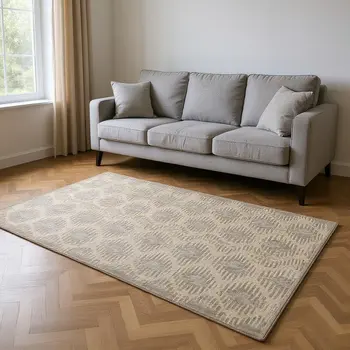 5' X 8' Brown Ivory And Sky Blue Abstract Washable Area Rug With UV Protection
