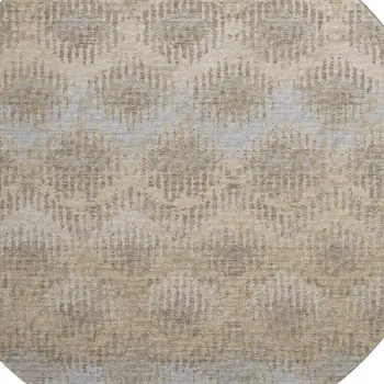 8' Brown Ivory And Sky Blue Abstract Washable Round Rug With UV Protection