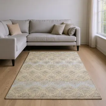 8' X 10' Brown Ivory And Sky Blue Abstract Washable Area Rug With UV Protection