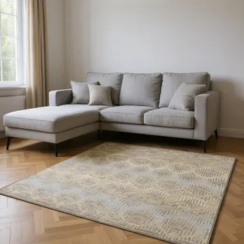 10' X 14' Brown Ivory And Sky Blue Abstract Washable Area Rug With UV Protection