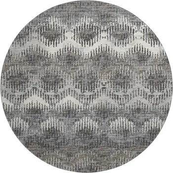8' Graphite Ivory And Beige Abstract Washable Round Rug With UV Protection
