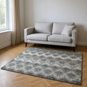 8' X 10' Graphite Ivory And Beige Abstract Washable Area Rug With UV Protection