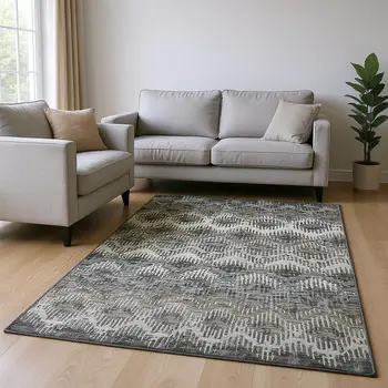 9' X 12' Graphite Ivory And Beige Abstract Washable Area Rug With UV Protection