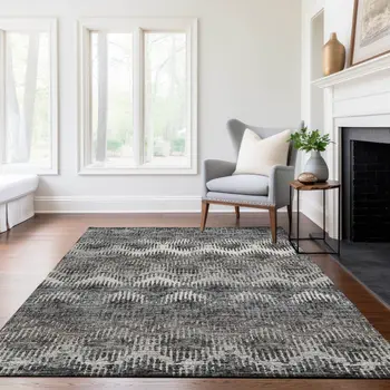 9' X 12' Graphite Ivory And Beige Abstract Washable Area Rug With UV Protection