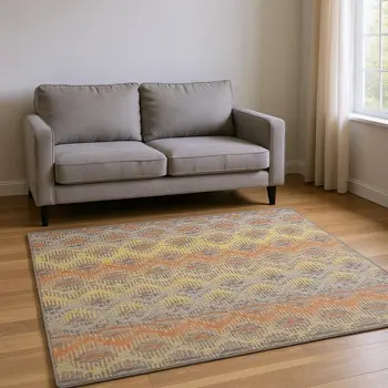 5' X 8' Burnt Sienna Gold And Gray Abstract Washable Area Rug With UV Protection