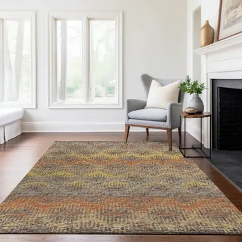 5' X 8' Burnt Sienna Gold And Gray Abstract Washable Area Rug With UV Protection