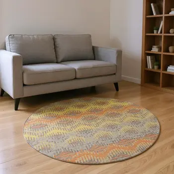 8' Burnt Sienna Gold And Gray Abstract Washable Round Rug With UV Protection