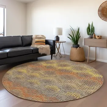 8' Burnt Sienna Gold And Gray Abstract Washable Round Rug With UV Protection