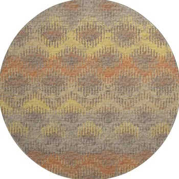8' Burnt Sienna Gold And Gray Abstract Washable Round Rug With UV Protection