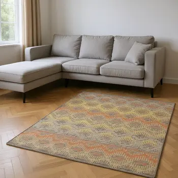 9' X 12' Burnt Sienna Gold And Gray Abstract Washable Area Rug With UV Protection