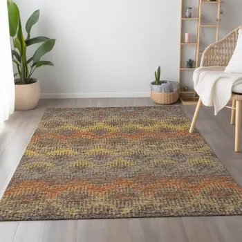 9' X 12' Burnt Sienna Gold And Gray Abstract Washable Area Rug With UV Protection