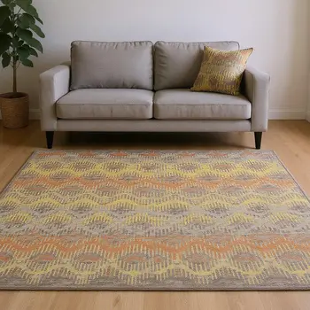10' X 14' Burnt Sienna Gold And Gray Abstract Washable Area Rug With UV Protection