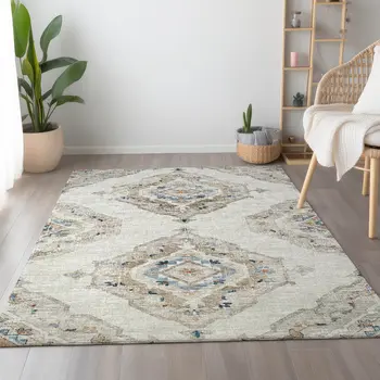 3' X 5' Linen Ivory And Blue Tribal Washable Area Rug With UV Protection