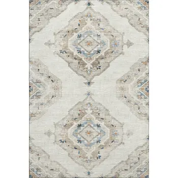 3' X 5' Linen Ivory And Blue Tribal Washable Area Rug With UV Protection