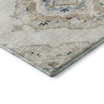 3' X 5' Linen Ivory And Blue Tribal Washable Area Rug With UV Protection
