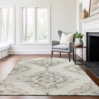 3' X 5' Linen Ivory And Blue Tribal Washable Area Rug With UV Protection