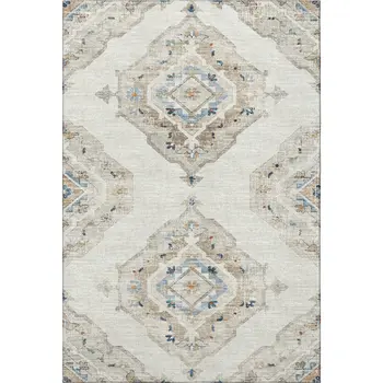 3' X 5' Linen Ivory And Blue Tribal Washable Area Rug With UV Protection