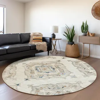 8' Linen Ivory And Blue Tribal Washable Round Rug With UV Protection